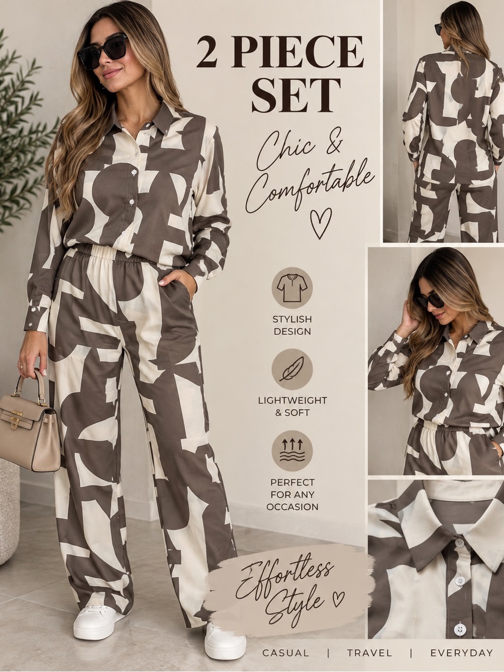 Forever 21 Taupe & Cream Wide Leg Two-Piece Set